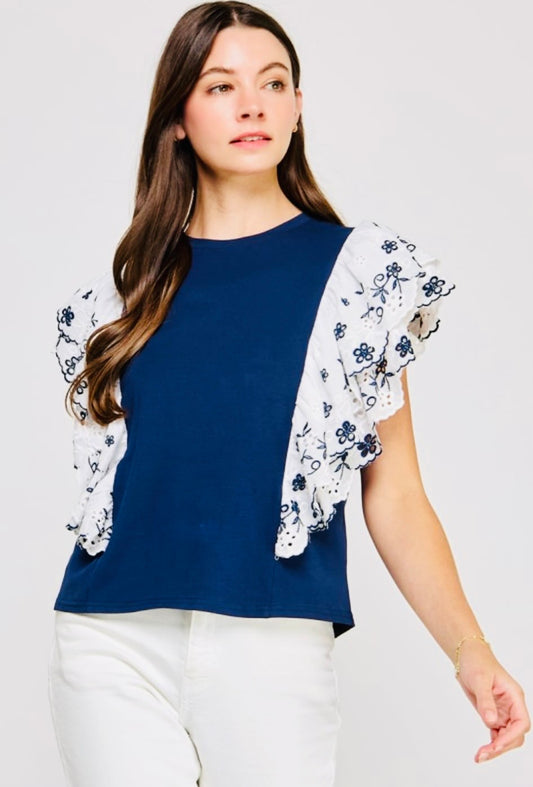 Ruffle embroidery round neck T-shirt